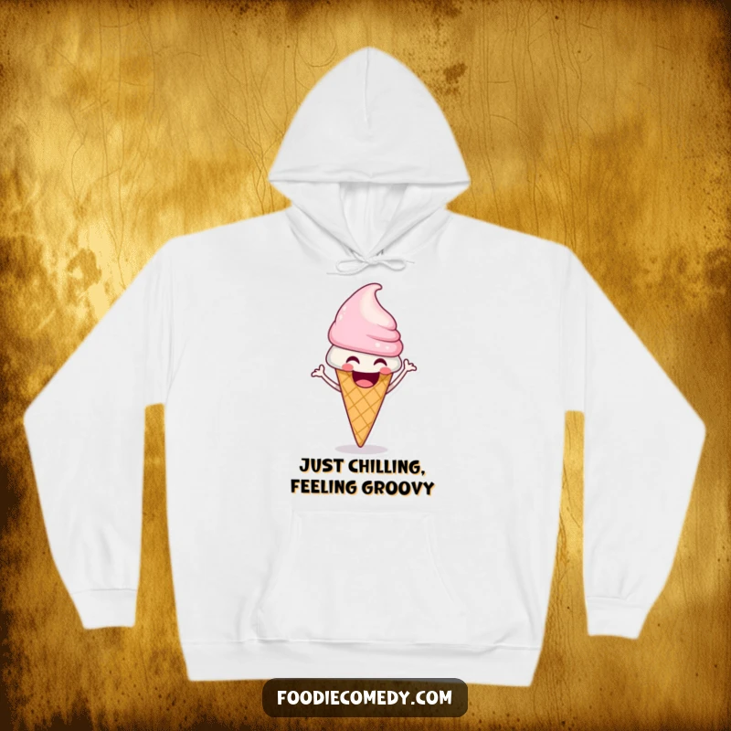 Funny ice cream cone hoodie depicting a laughing character performing a funky shimmy with dessert-themed joy.