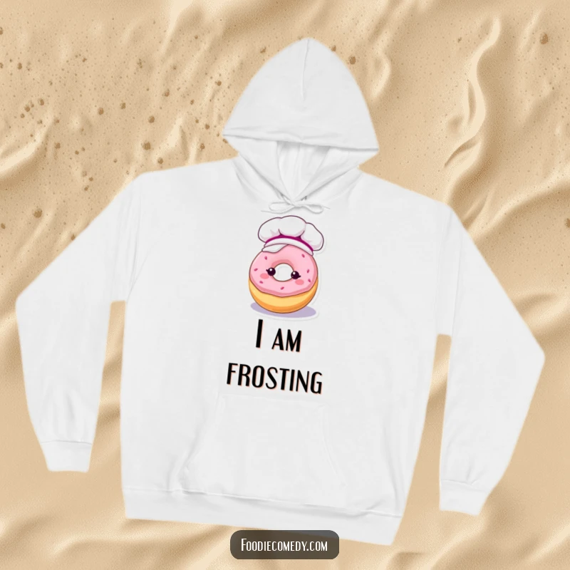 Funny hoodie featuring a kawaii donut character in a baking hat, generously covered in frosting, for ultimate comfort.