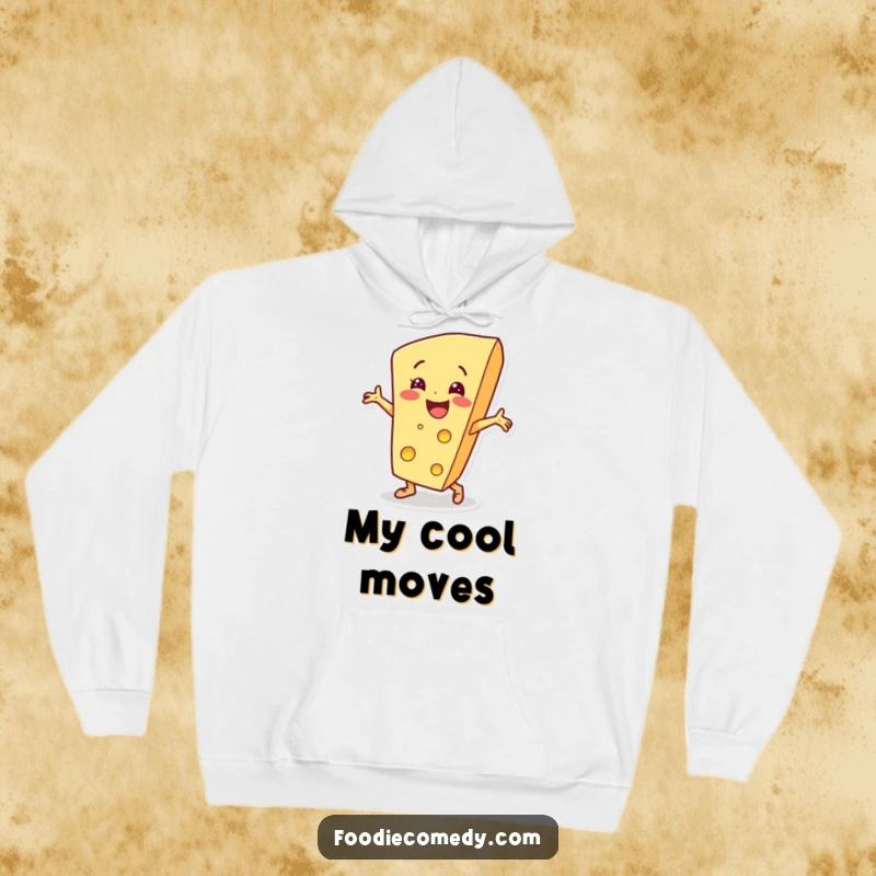 Funny cheese wedge character breakdancing on a hoodie, combining warmth with hip-hop inspired humor.