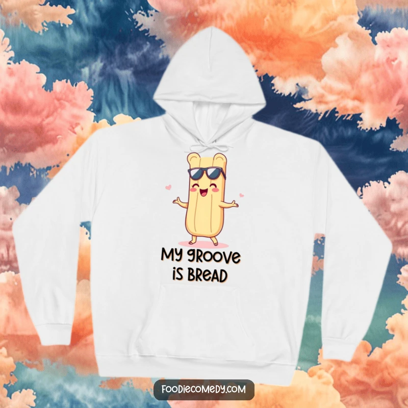 Funny and cozy hoodie featuring a delighted baguette grooving with a shimmy, offering warmth and a dose of delicious humor.