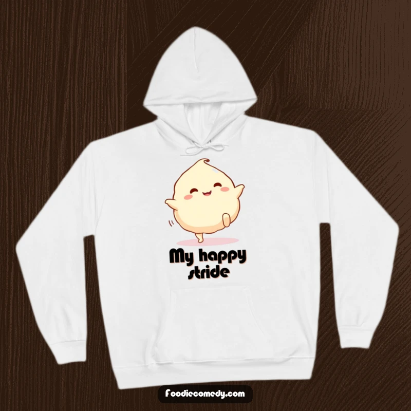 Funny dumpling hoodie, featuring a cute cartoon dumpling with legs doing a happy kick, perfect for cozy fun.
