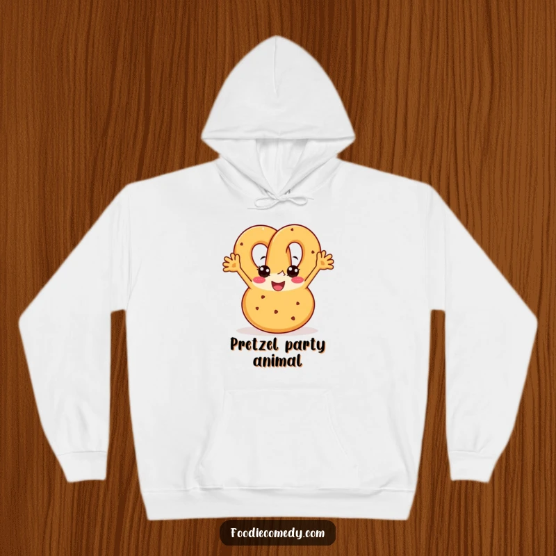 Funny pretzel hoodie featuring a joyful pretzel with arms boogying with enthusiasm, perfect for cozy humor.