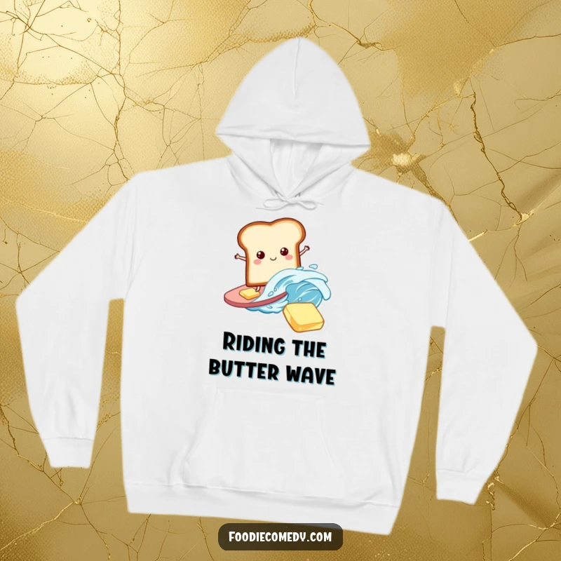 Funny Bread Hoodie: A playful bread slice surfing on a butter wave, offering cozy comfort and humorous breakfast vibes.