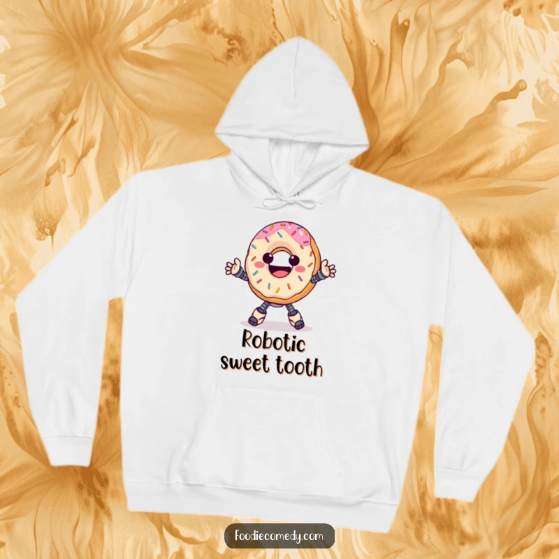 Funny donut hoodie, happy with sprinkles, doing a groovy robot dance, radiating warmth and sweetness.