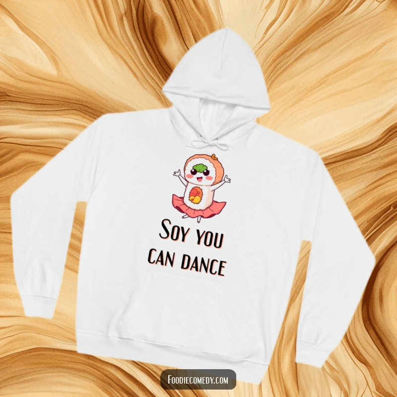 Funny sushi hoodie with a sushi roll doing a flamboyant flamenco pose, offering cozy and stylish wear.