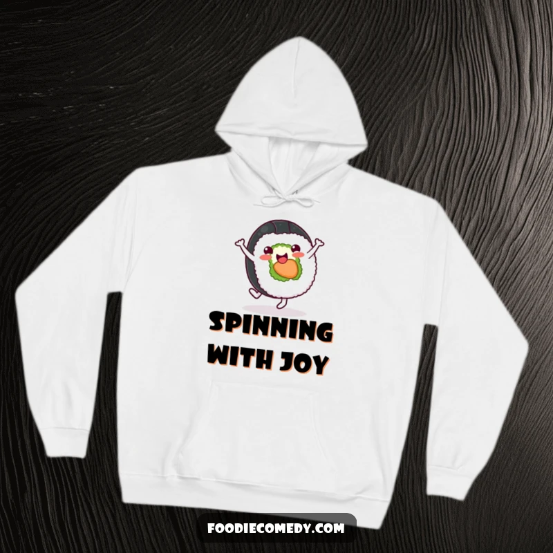 Funny sushi roll hoodie featuring a cheerful character doing a happy cartwheel, perfect for staying warm and spreading joy.
