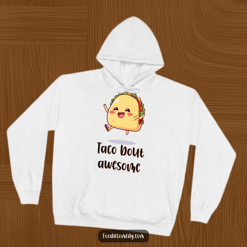 Funny hoodie featuring a cheerful taco with tiny legs jumping in the air, offering warmth and festive, humorous delight.