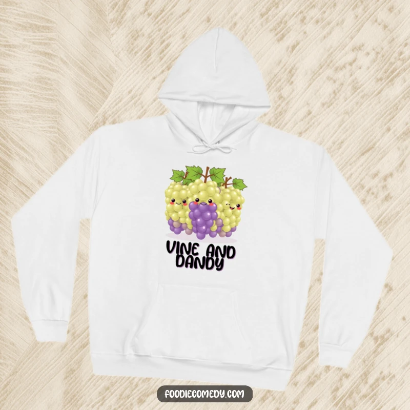 Funny Grape Conga Hoodie: A comfortable hoodie featuring a smiling bunch of grapes in a conga line, perfect for festive occasions.
