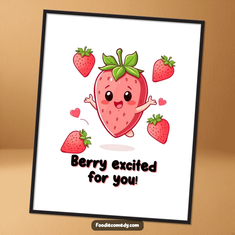 Funny free printable wall art of a strawberry character in a dynamic and excited twirling pose.
