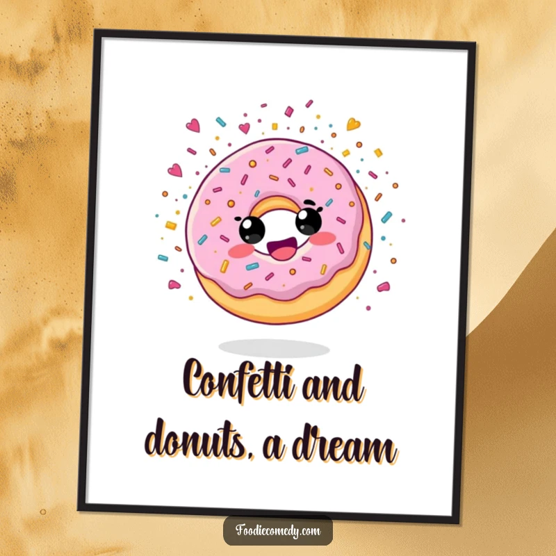 Funny Free Printable Wall Art of a delighted donut character exploding with a whimsical shower of sugary confetti.