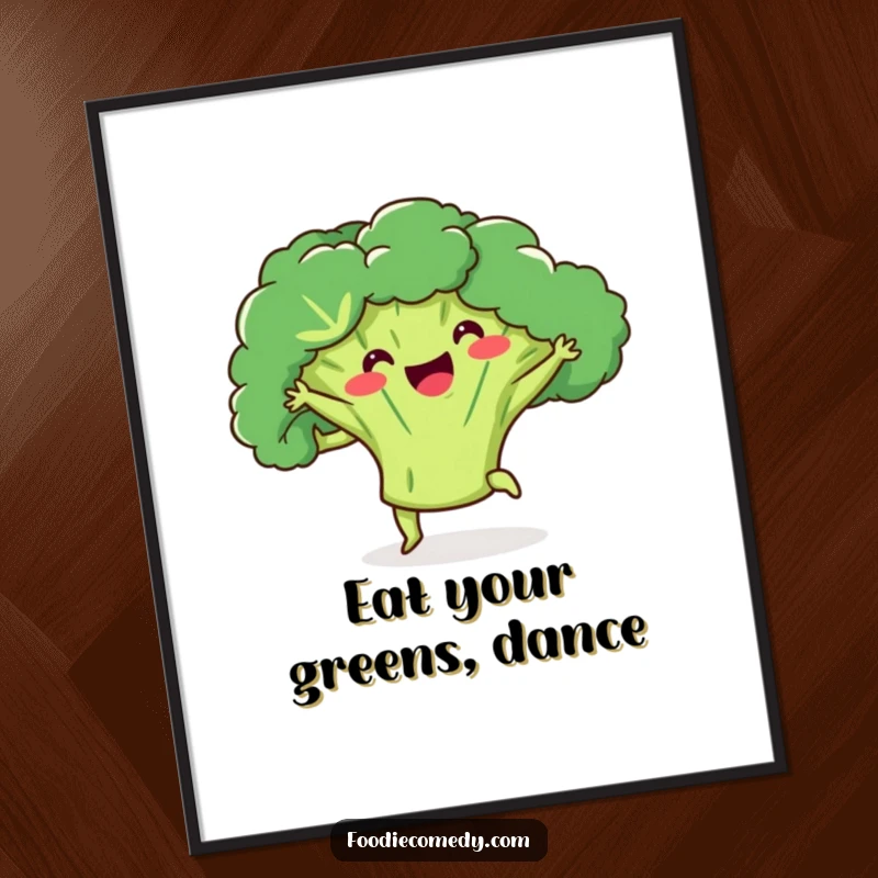 Funny Free Printable Wall Art: A happy broccoli doing a lively kick-ball-change, adding a touch of dance and humor to the room.