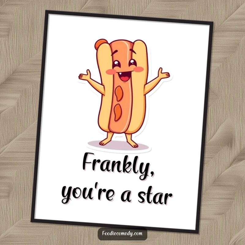 Funny Free Printable Wall Art: A cheerful hot dog character doing a silly Charleston dance.
