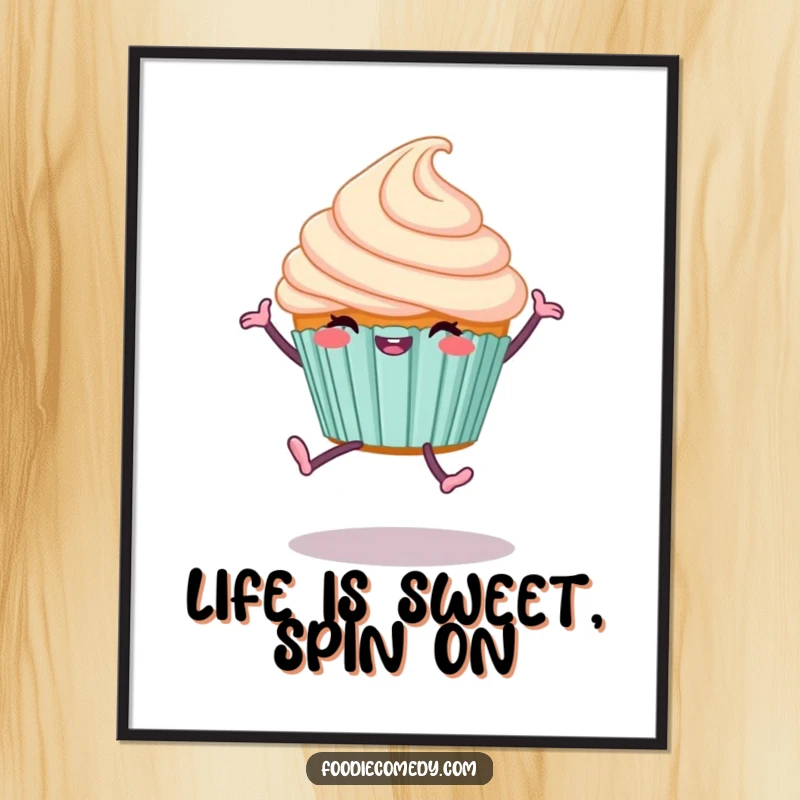 Funny Free Printable Wall Art: A happy, leggy cupcake doing an enthusiastic cartwheel, bringing smiles and cheer.