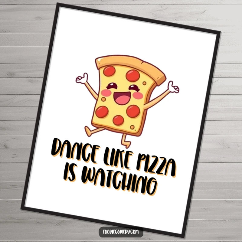 Funny Free Printable Wall Art: A pizza slice with legs kicking in a joyful dance, creating a vibrant and fun scene.