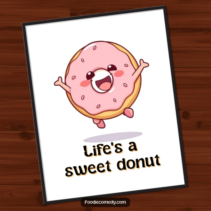 Funny Free Printable Wall Art: A gleeful donut captured mid-jump, radiating pure joy and confectionery fun.