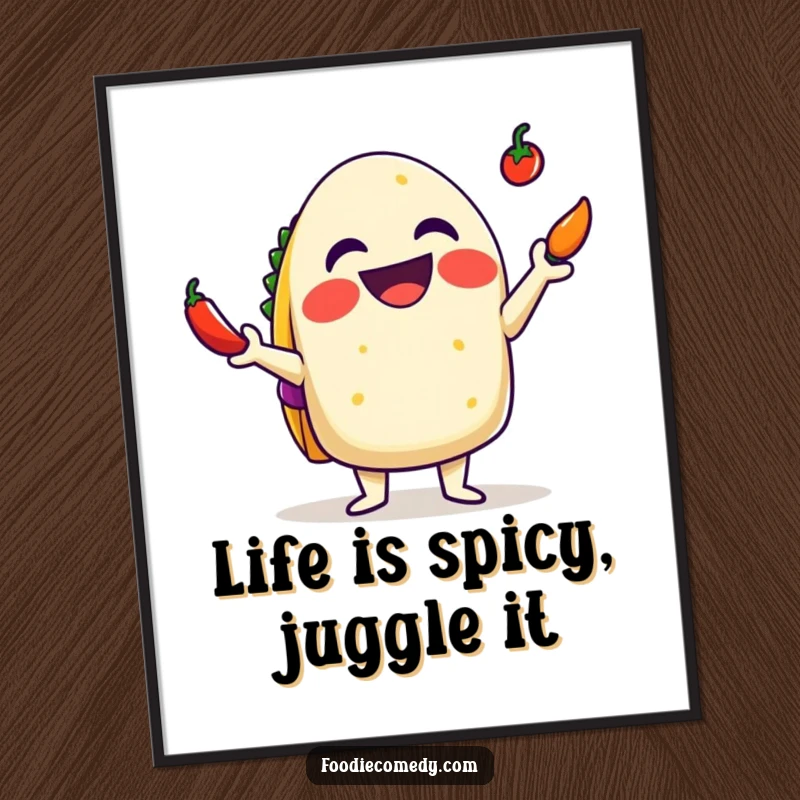 Funny Free Printable Wall Art of a smiling taco expertly juggling tiny red chilis, radiating culinary joy and skill.