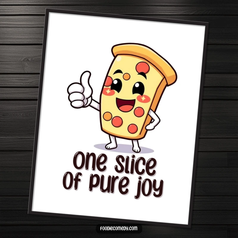 Funny free printable wall art of an enthusiastic pizza slice character with a cheesy grin giving a thumbs-up, perfect for kitchens.
