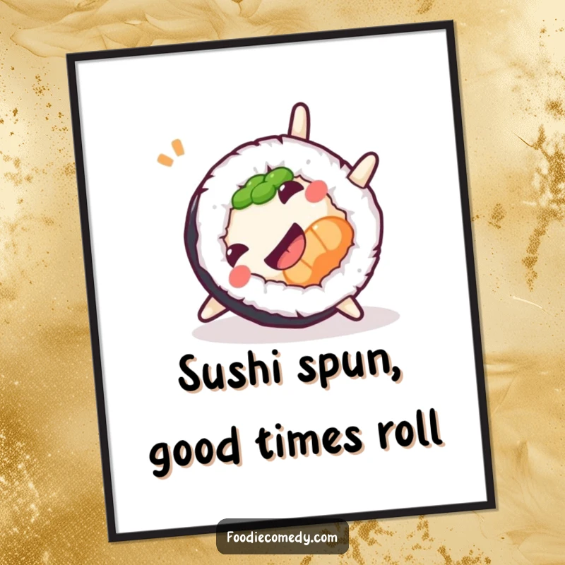 Funny Free Printable Wall Art: A cheerful sushi roll captured mid-somersault, bringing dynamic energy and smiles.