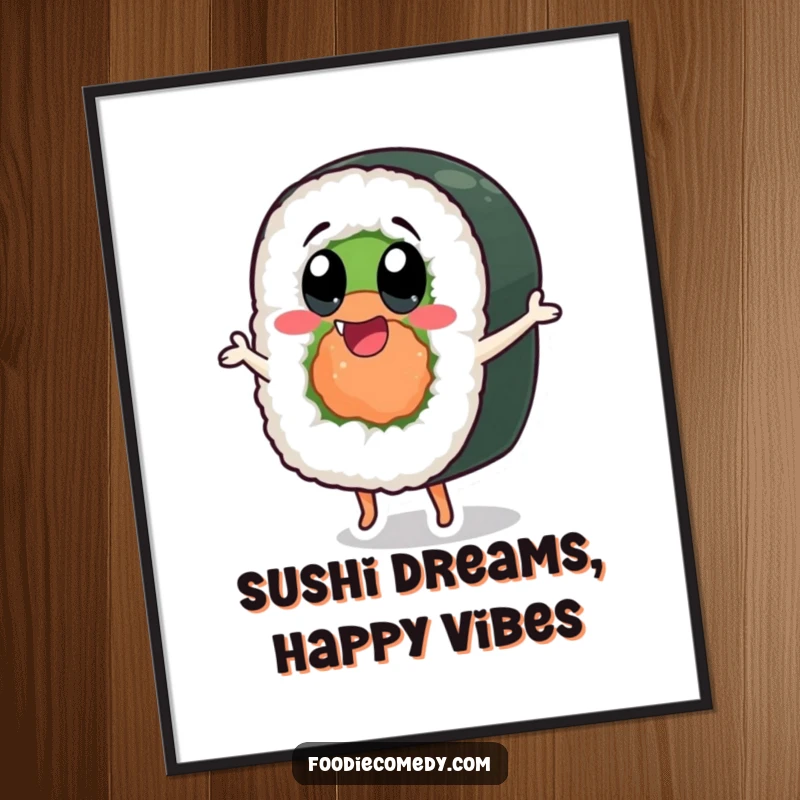 Funny free printable wall art of a sushi roll character dancing with exaggerated happy eyes, radiating pure happiness.