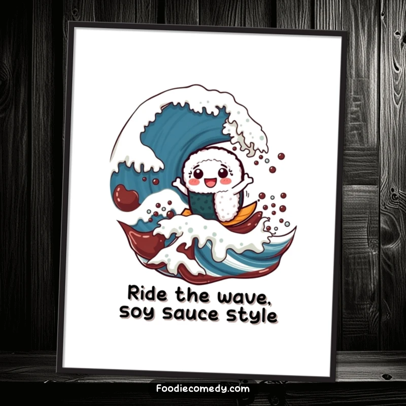 Funny Free Printable Wall Art: a cheerful sushi roll character boldly surfing a colossal soy sauce wave.