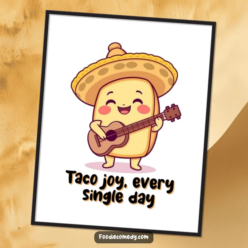 Funny free printable wall art of a joyful taco wearing a tiny sombrero and playing a tiny guitar, full of festive energy.