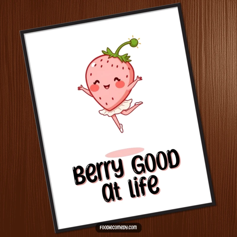 Funny Free Printable Wall Art: A whimsical strawberry performing a graceful ballet leap, stem styled as an elegant plume, looking delighted.