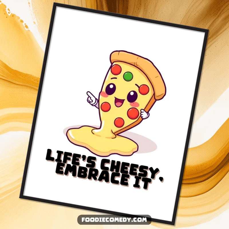 Funny Free Printable Wall Art: Kawaii pizza slice with a happy expression, pointing at a large pool of dripping cheese.