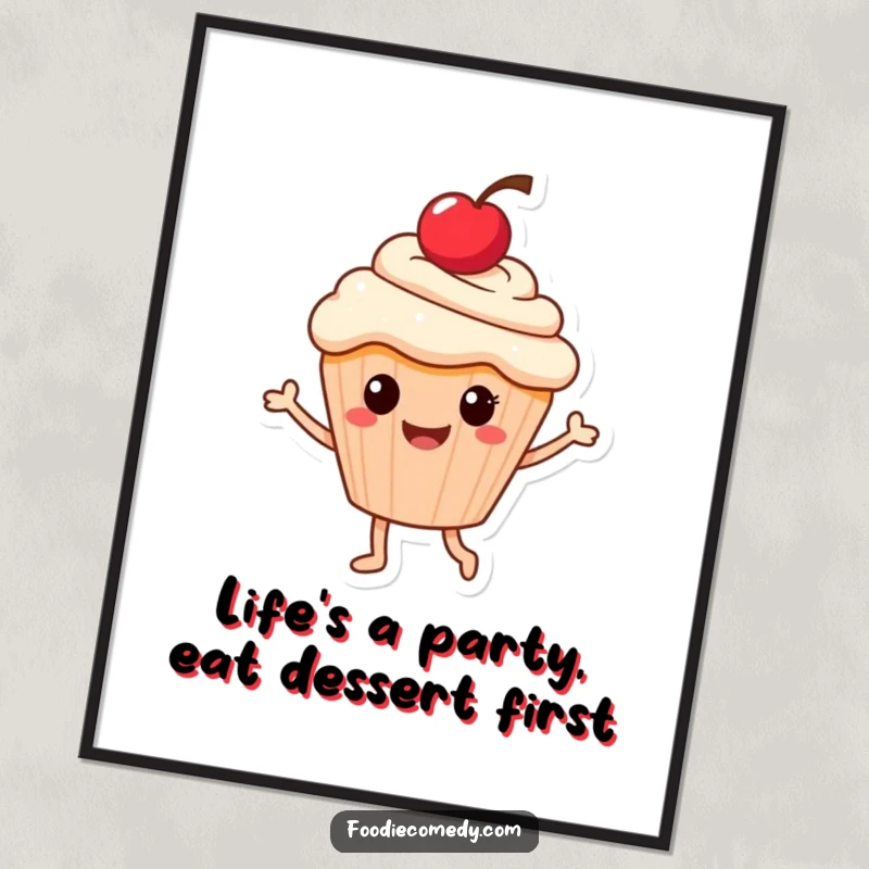 Funny Free Printable Wall Art: A happy cupcake character with a cherry on top doing a lively dance.
