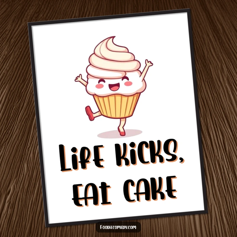 Funny Free Printable Wall Art: Exuberant cupcake mid-kick, full of energy and joy. A vibrant and humorous decorative piece.