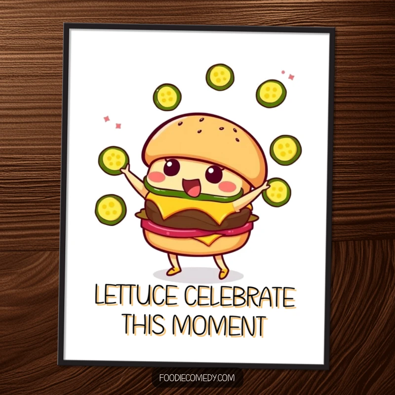 Funny Free Printable Wall Art: A cute kawaii burger character humorously juggling pickle slices with a wide grin.