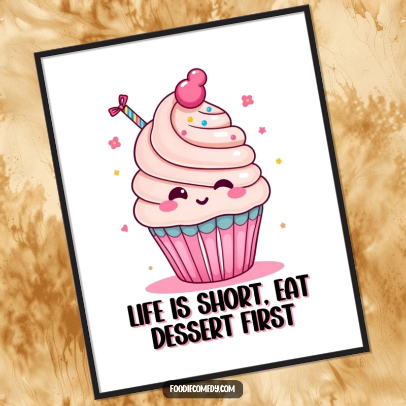 Funny Free Printable Wall Art: A cute kawaii cupcake character humorously blowing a colorful party favor streamer.