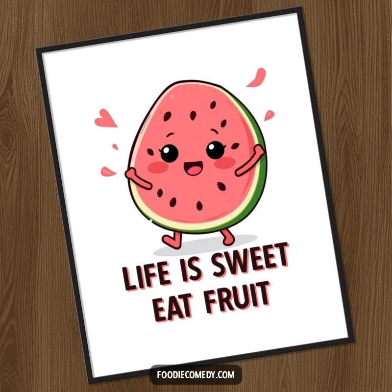 Funny Free Printable Wall Art: A watermelon slice with sunglasses on, dancing wildly to a beat, surrounded by floating music notes.