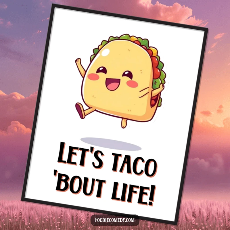 Funny Free Printable Wall Art: A cheerful taco with small, stubby legs jumping exuberantly in the air.