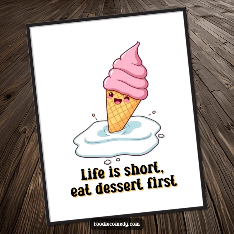 Funny Free Printable Wall Art: A gleeful ice cream cone character is hilariously sliding across a frozen surface.