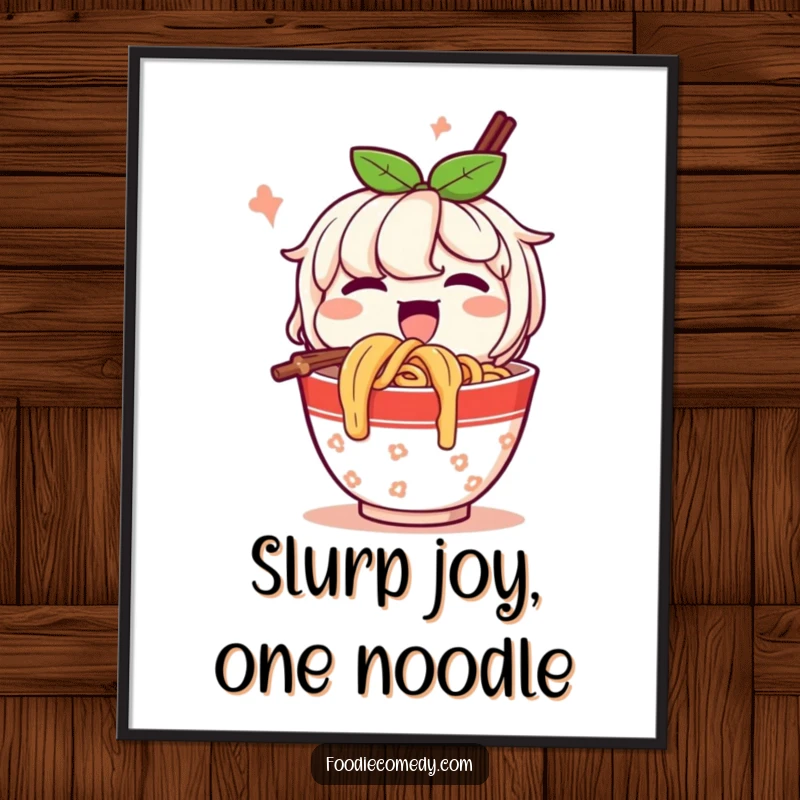 Funny Free Printable Wall Art: A happy cup of noodles character slurping noodles with gusto, adding cheerful decor.