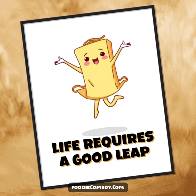 Funny free printable wall art: A determined piece of pasta executing a perfect ballet leap, blending carbs with classical dance art.