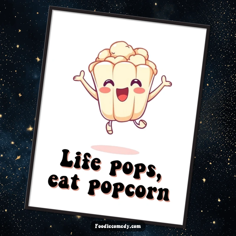 Funny Free Printable Wall Art of an excited popcorn kernel doing a playful leap, adding a whimsical and energetic touch to any room.