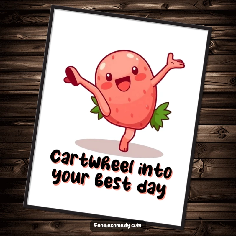 Funny Free Printable Wall Art: A strawberry with arms doing a cartwheel, radiating playful energy and humor.