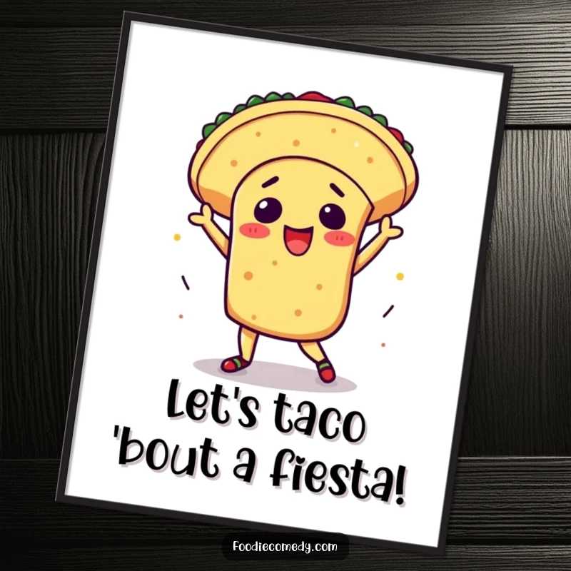 Funny free printable wall art: A kawaii taco executing a passionate salsa dance with pure excitement, bringing a taste of fiesta to your decor.