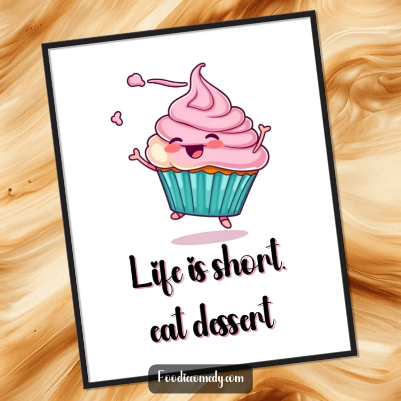 Funny Free Printable Wall Art: A cupcake character joyfully twirling with swirls of frosting suspended in the air.