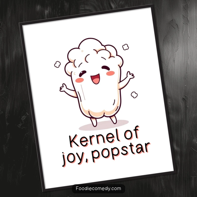 Funny Free Printable Wall Art of a popcorn kernel popping and jiggling with infectious rhythm.