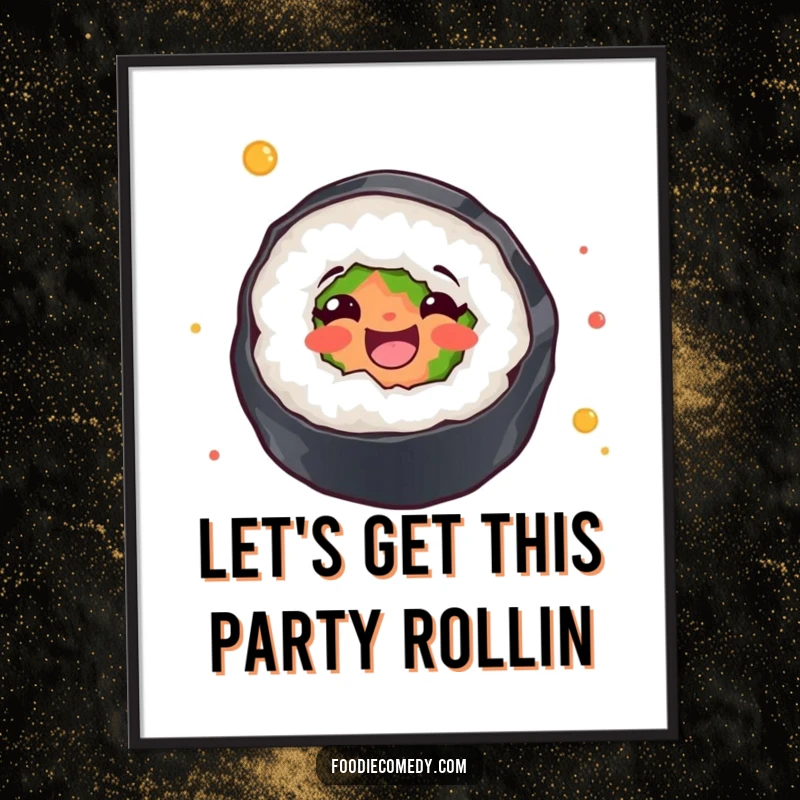 Funny Free Printable Wall Art: A sushi roll spinning with joyful abandon, adding a touch of fun.