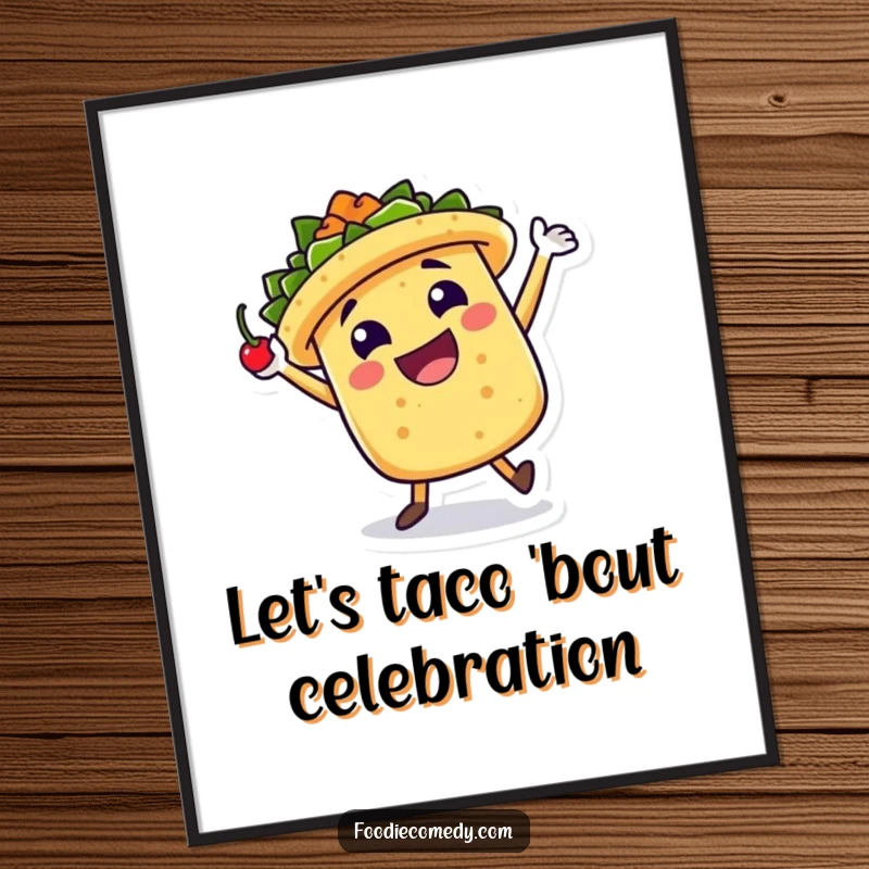 Funny Free Printable Wall Art: A cheerful taco character in a celebratory jig with a chili pepper, bringing fiesta vibes.