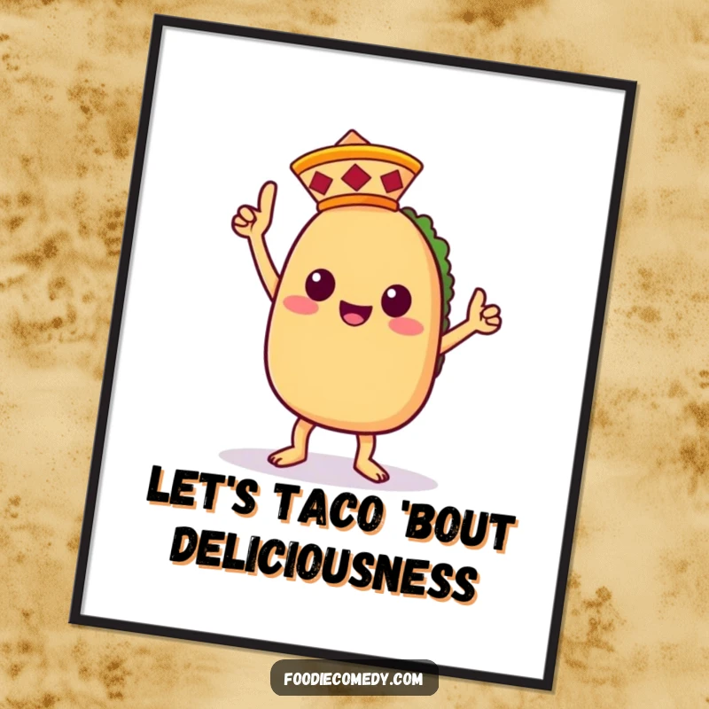 Funny Free Printable Wall Art: Kawaii taco in a sombrero, captured mid-victory dance.