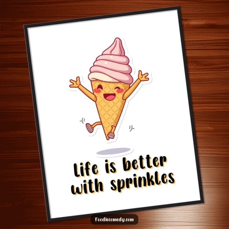 Funny Free Printable Wall Art: Grinning ice cream cone attempting energetic cartwheels, a joyful and playful dessert illustration for your walls.