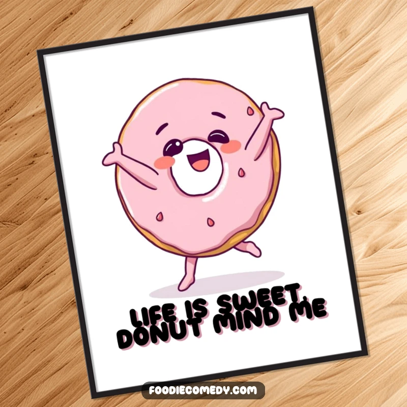 Funny Free Printable wall art: A happy donut with a wide grin doing a playful breakdance move. Cheerful downloadable home decor.