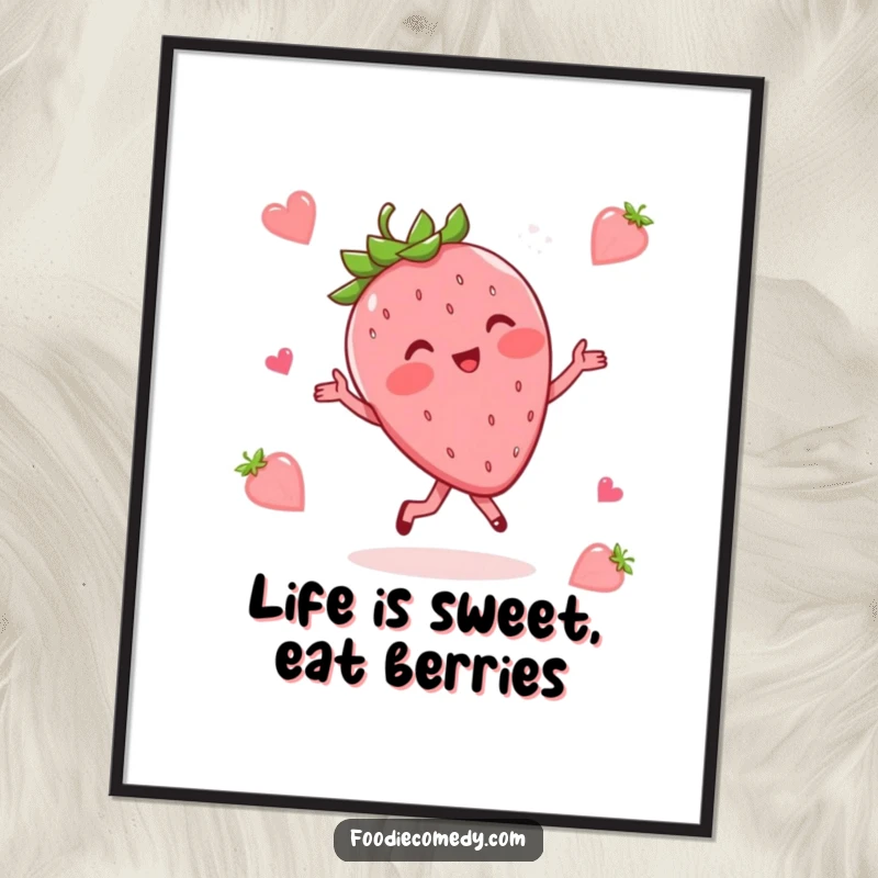 Funny Free Printable Wall Art of a blushing strawberry doing a whimsical waltz, bringing sweet and playful vibes to any space.