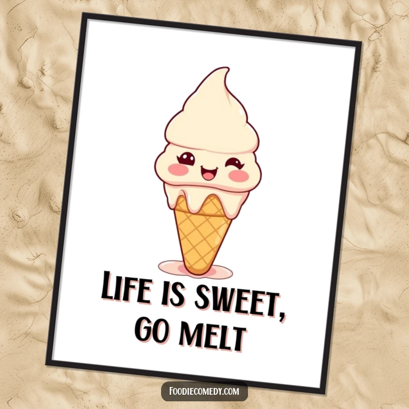 Funny Free Printable Wall Art: A joyful ice cream cone melts slightly, radiating pure happiness.