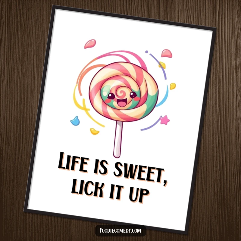 Funny Free Printable Wall Art: Whimsical kawaii lollipop with bright, dynamic swirls, adding playful charm to decor.
