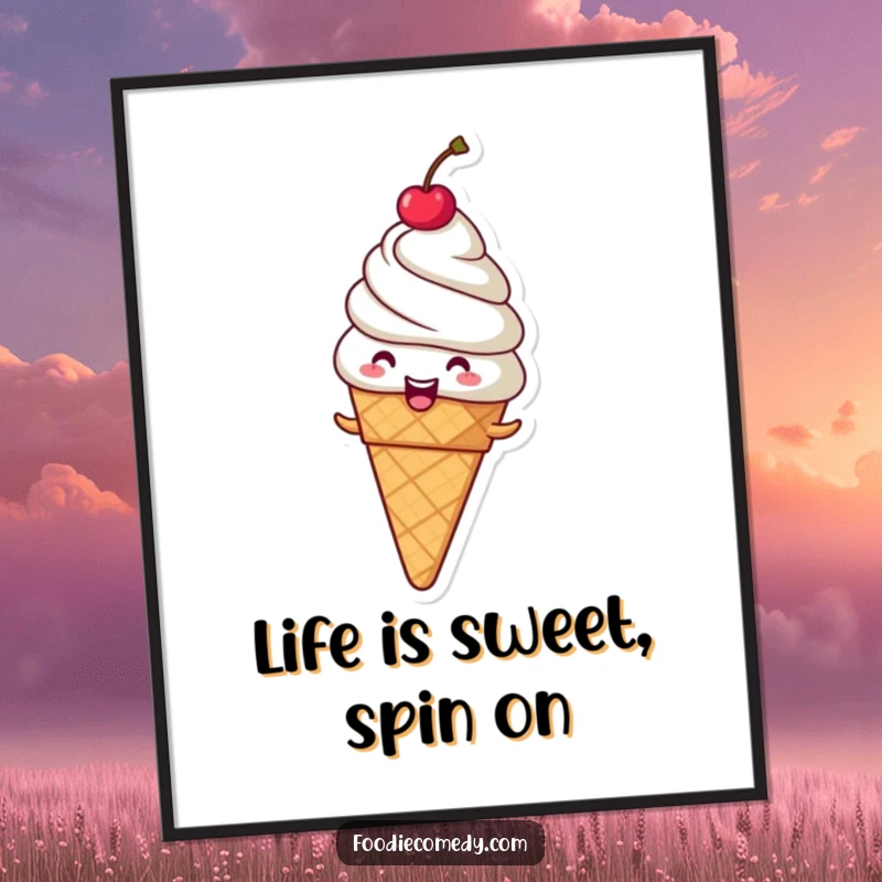 Funny Free Printable Wall Art of a giggling ice cream cone with a cherry doing a happy spin.